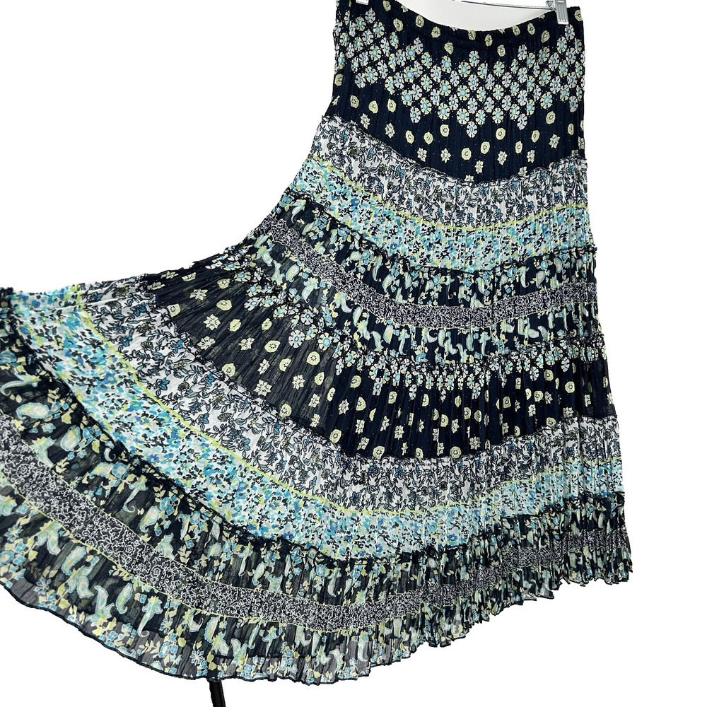 Tiered Floral Boho Cottage Peasant Maxi Skirt Womens S/M Crinkle Lined Pull On